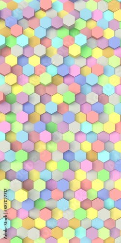 Volumetric hexagons at different levels. Background and backdrop for smartphone