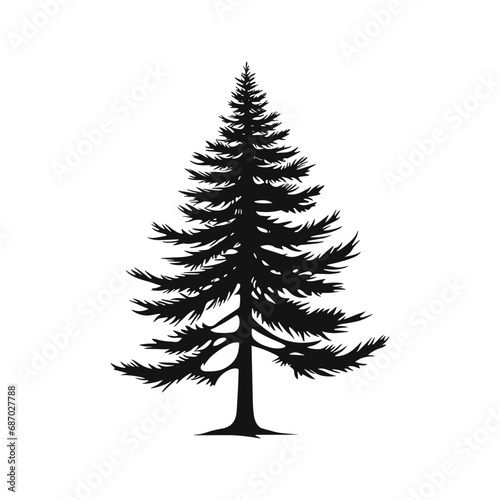 A flat black vector silhouette of a pine tree against a white background.