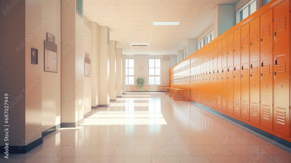 Sunlit School Corridor with Secure Lockers - obrazy, fototapety, plakaty 