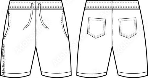 Men's cargo shorts flat sketch vector illustration fashion front and back view, white, pockets, elastic waistband, unisex CAD mockup design, photo