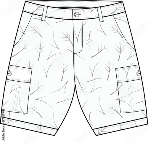 Men's cargo shorts flat sketch vector illustration fashion front and back view, white, pockets, elastic waistband, unisex CAD mockup design,