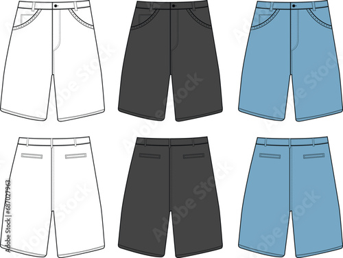 Men's cargo shorts flat sketch vector illustration fashion front and back view, white, pockets, elastic waistband, unisex CAD mockup design,