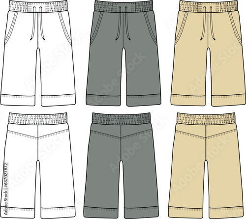 Men's cargo shorts flat sketch vector illustration fashion front and back view, white, pockets, elastic waistband, unisex CAD mockup design,