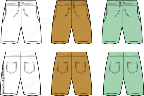 Men's cargo shorts flat sketch vector illustration fashion front and back view, white, pockets, elastic waistband, unisex CAD mockup design,