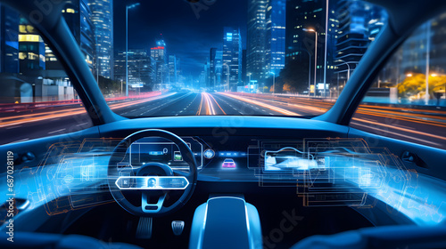 Cockpit of autonomous car and AI(Artificial Intelligence). Driverless car. Self driving vehicle. UGV. Generative Ai. © tfk