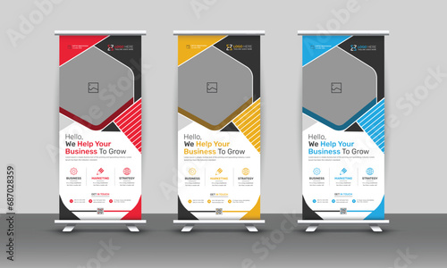 Business Standee Roll-Up Banner Design bundle with red, blue and yellow colors 