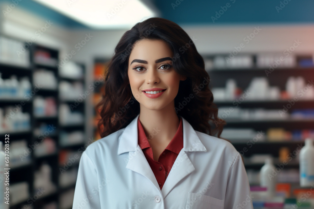 American female pharmacist against the background of blurred shelves with medicines, Healthcare and medicine background. Women's day concept. Generative AI