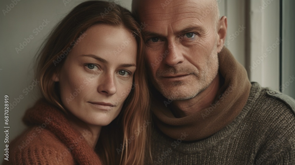 A cozy scene of a middle-aged couple holding each other at home.