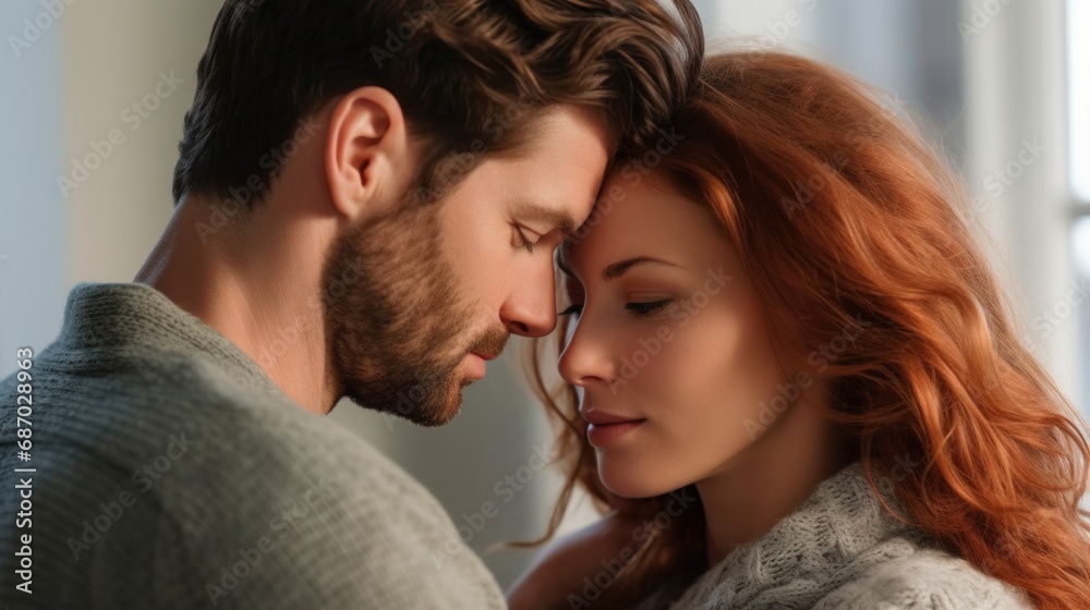 At home, a European couple in their middle age shares a warm embrace. At home, a European couple in their middle age shares a warm embrace.