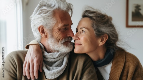 A cozy snapshot of a middle-aged European couple holding each other close.