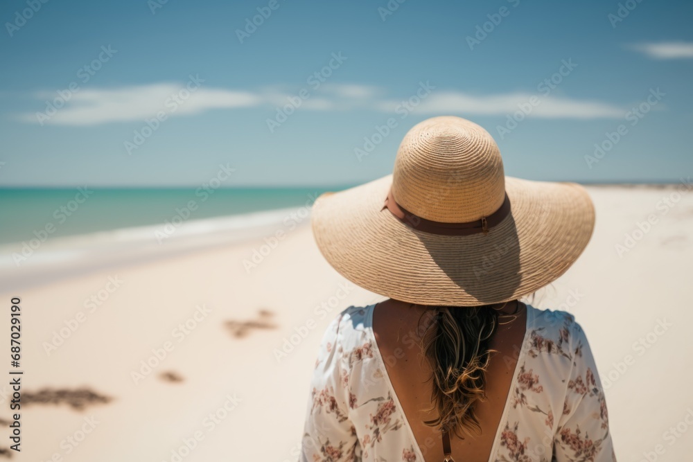 Woman in summer vacation wearing straw hat enjoying the view at the ocean. Back view. Generative Ai