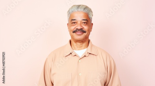 A senior gentleman, displaying happiness, poses against a light pink studio background.