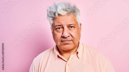 A happy elderly man with a unique skin tone poses against a soft pink backdrop.