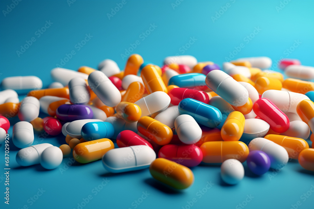 A pile of pills with different colored capsules on the top. Generative AI A pile of pills with different colored capsules on the top. Generative AI