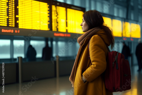 A young woman at an international airport looks at the flight information board and checks her flight. Generative AI