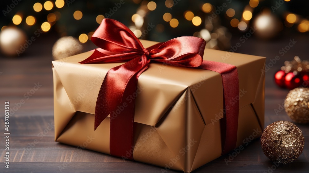 A golden gift box adorned with a red bow A golden gift box adorned with a red bow