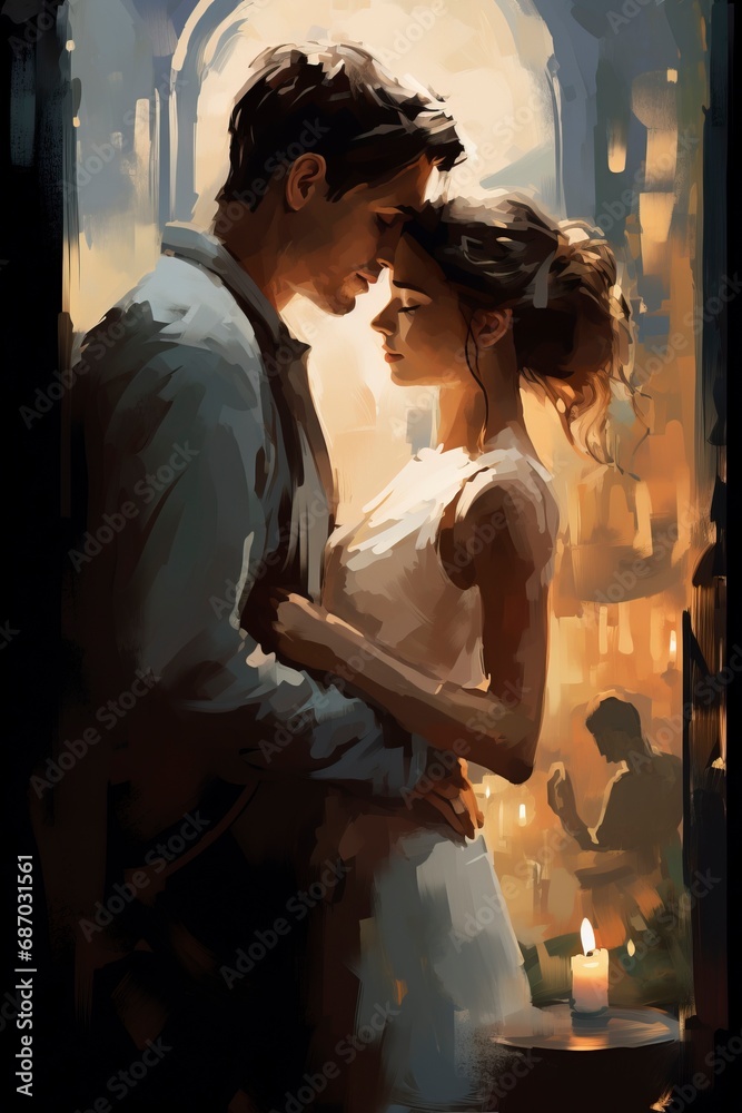 romantic couple, rendered in impressionism style, copy space, generative ai