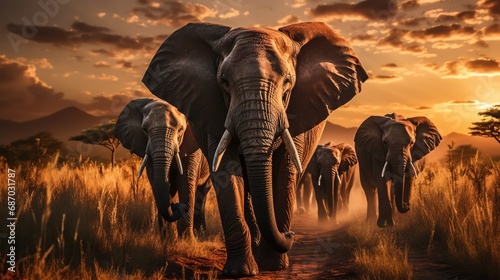 A group of elephants in the savanna during sunset