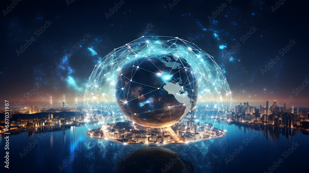 Energy Digitalization and Communication technology for internet business. Global world network and telecommunication on earth and IoT. Generative Ai. - obrazy, fototapety, plakaty 