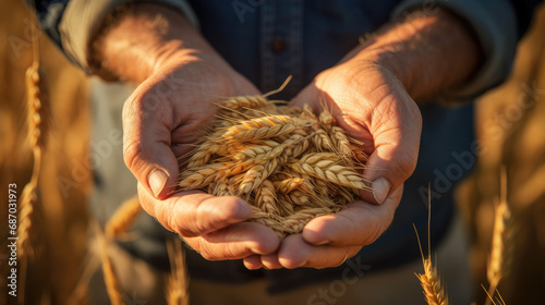 The hands of a farmer close-up holding a handful of wheat grains in a wheat field
