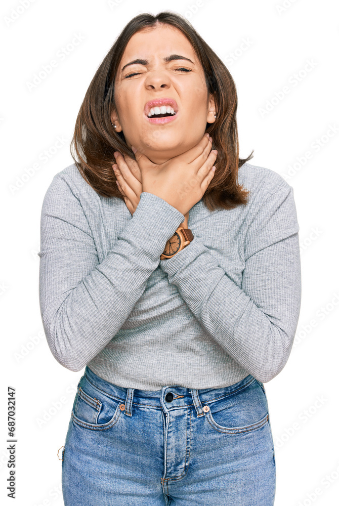 Young beautiful woman wearing casual turtleneck sweater shouting suffocate because painful strangle. health problem. asphyxiate and suicide concept. Young beautiful woman wearing casual turtleneck sweater shouting suffocate because painful strangle. health problem. asphyxiate and suicide concept.