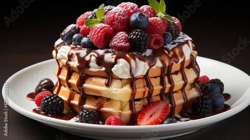 A dish of waffles topped with fresh fruit and chocol