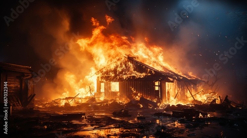 A burning building or house engulfed in flames photo