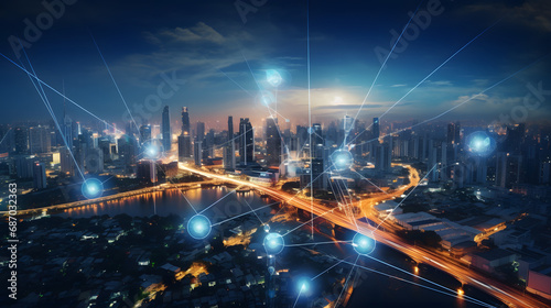 Energy Digitalization Smart city with Wireless network and Connection technology concept with Abstract Bangkok city background. Generative Ai.