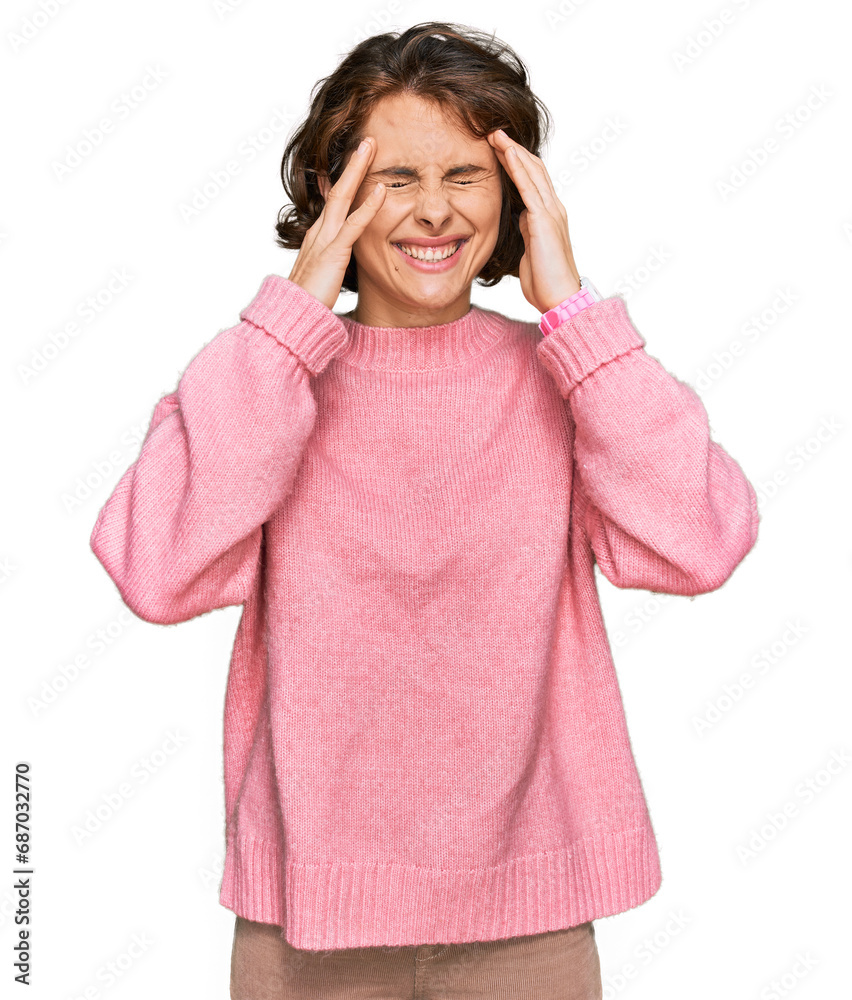 Young hispanic woman wearing casual clothes with hand on head, headache because stress. suffering migraine. Young hispanic woman wearing casual clothes with hand on head, headache because stress. suffering migraine.