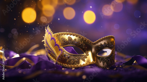 Mardi Gras mask on purple background with bokeh lights