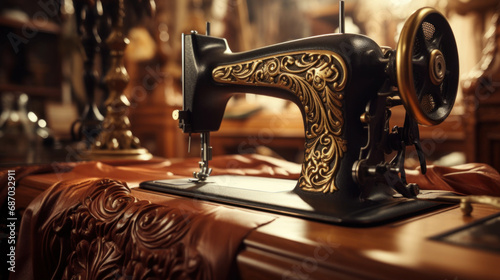 Sewing machine on table in tailor shop, closeup view