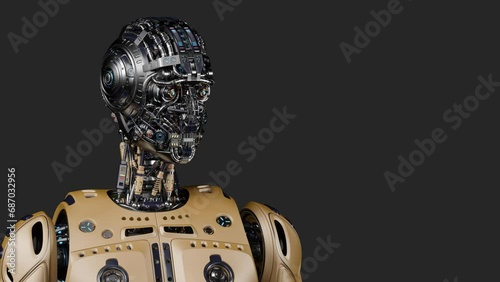 Futuristic robot man walk or male humanoid cyborg steps from left to right side of the screen. Upper body isolated on black background with alpha. 3d rendering animation
