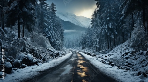 A curvy windy road through a snowy forest © ProVector