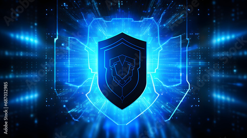 Futuristic cyber security shield guard blue abstract digital glowing background. Hacking technology computer network protection concept. Cybersecurity system tech sign symbol. Generative Ai.