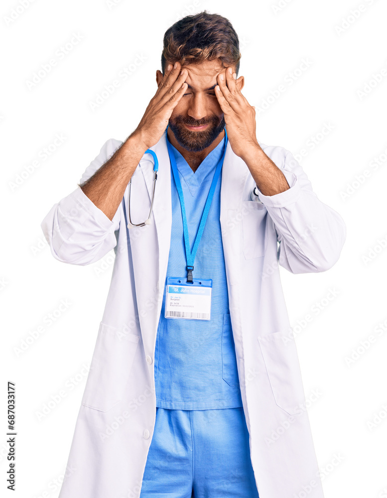 Young hispanic man wearing doctor uniform and stethoscope with hand on head for pain in head because stress. suffering migraine. Young hispanic man wearing doctor uniform and stethoscope with hand on head for pain in head because stress. suffering migraine.