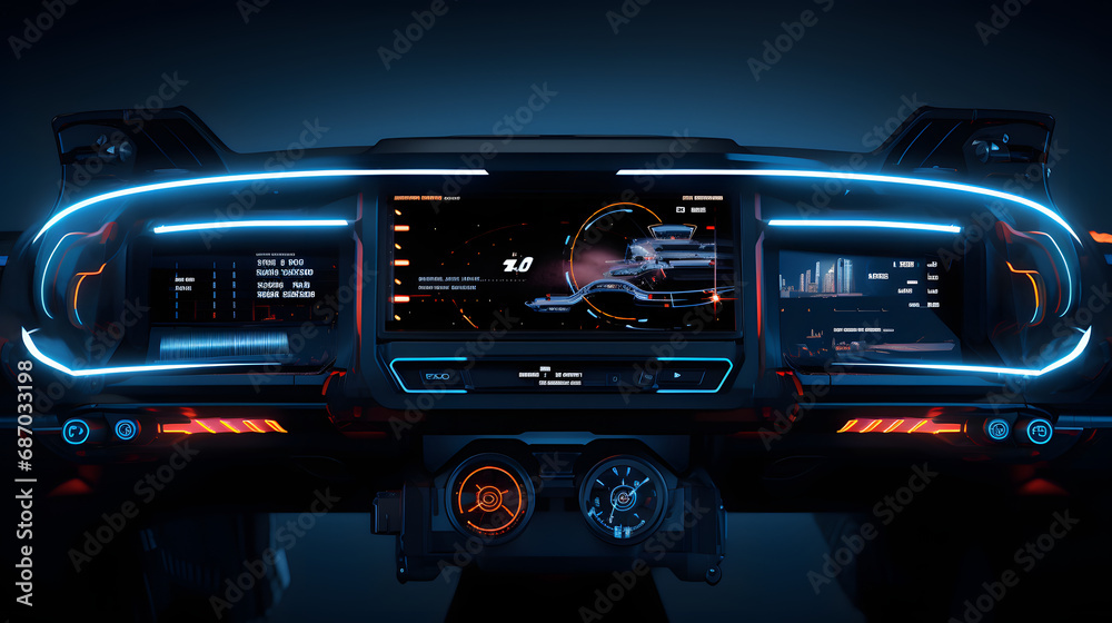 Futuristic instrument panel of vehicle. Generative Ai. Futuristic instrument panel of vehicle. Generative Ai.