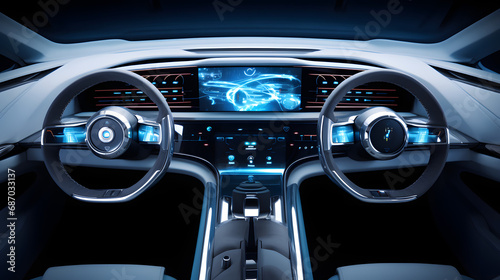 Futuristic instrument panel of vehicle. Generative Ai.