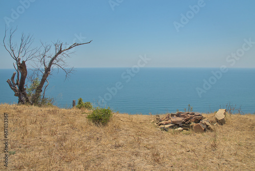 Landscape from a hill cliff with trees and bushes to the blue sea and clear horizon