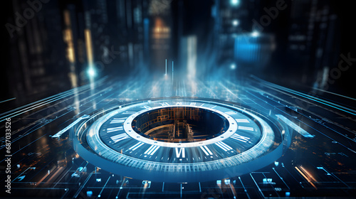 Futuristic time clock hand and clock face digital transformation abstract technology background. Business growth currency stock timer and investment economy. Generative Ai. photo