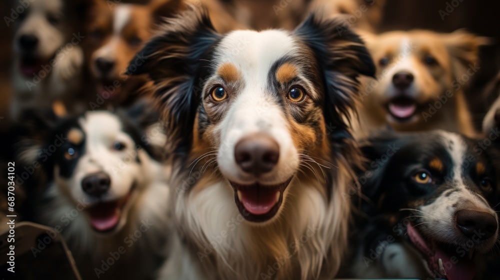 A group of dogs taking a selfie with a blurred backgrond