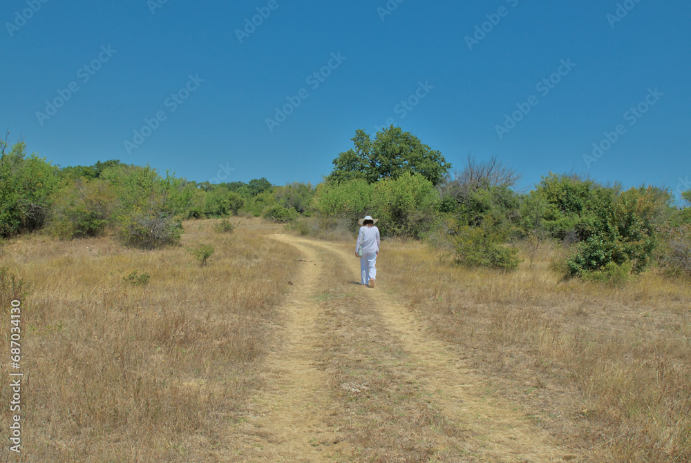 Fototapeta premium A man in white walks along a road in the steppe on a hot sunny day