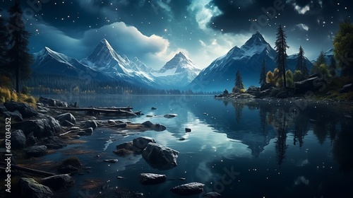 Beautiful night landscape of a lake in the mountains © ProVector