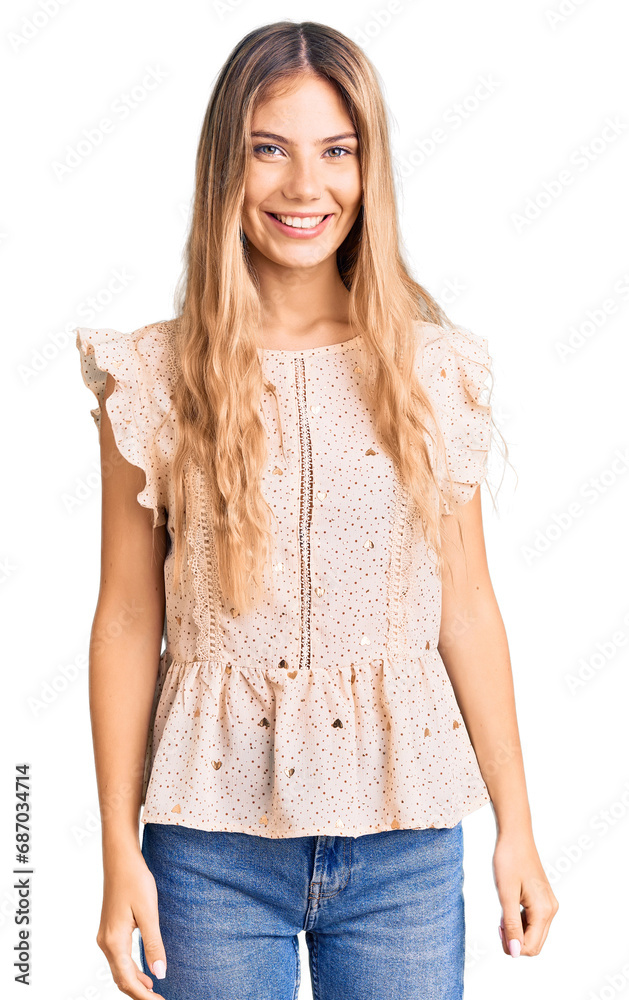 Obraz premium Beautiful caucasian woman with blonde hair wearing elegant summer clothes looking positive and happy standing and smiling with a confident smile showing teeth