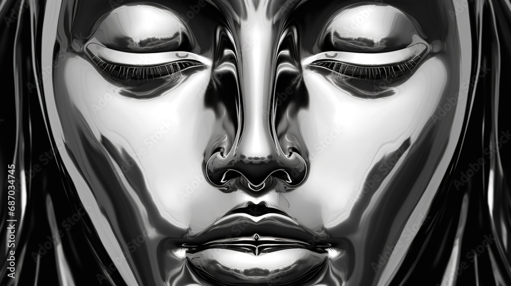 A close-up of a shiny metallic female face. A chrome mask with closed eyes. Digital art. Illustration for cover, card, postcard, interior design, banner, poster, brochure or presentation. - obrazy, fototapety, plakaty 