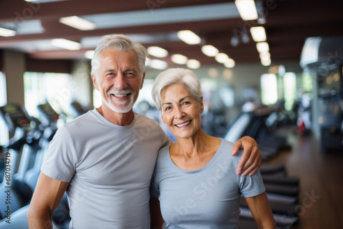 Smiling senior couple, fitness enthusiasts in grey outfits, moment of camaraderie in well-equipped gym sharing joy in staying active together. Mutual support and companionship in active Aging