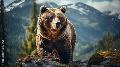 A brown bear stands atop a rock with a backdrop