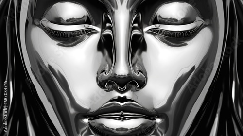 A close-up of a shiny metallic female face. A chrome mask with closed eyes. Digital art. Illustration for cover, card, postcard, interior design, banner, poster, brochure or presentation.