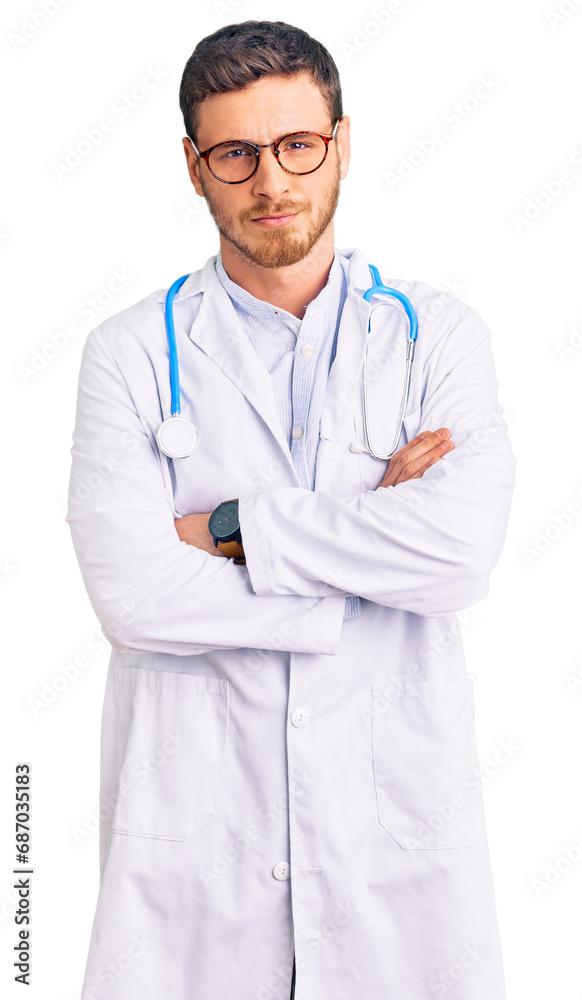 Handsome young man with bear wearing doctor uniform skeptic and nervous, disapproving expression on face with crossed arms. negative person. Handsome young man with bear wearing doctor uniform skeptic and nervous, disapproving expression on face with crossed arms. negative person.