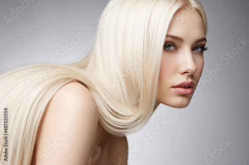 Beautiful woman model with long blond straight hair style on gray background.