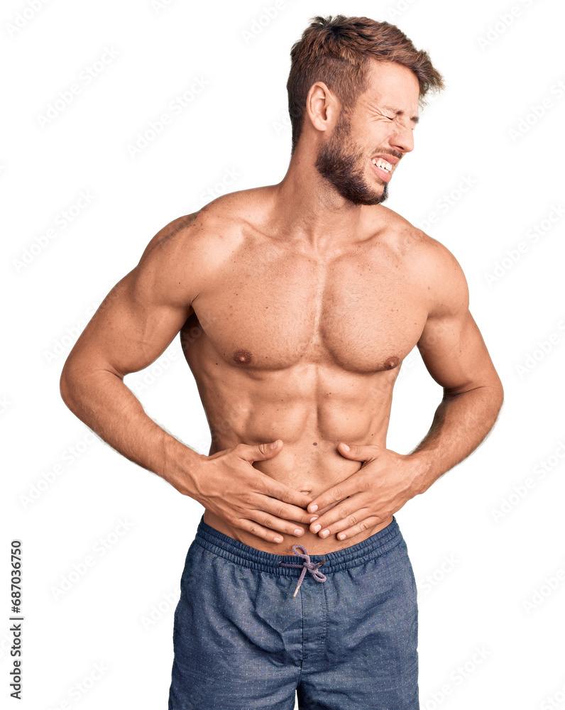 Young caucasian man standing shirtless with hand on stomach because nausea, painful disease feeling unwell. ache concept.